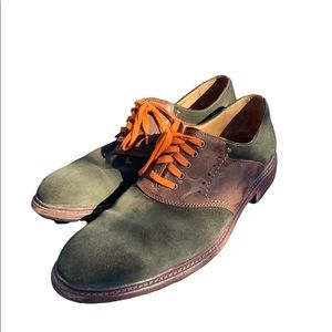 Trask men’s oxfords in green suede and brown leather with orange detail Size 11.